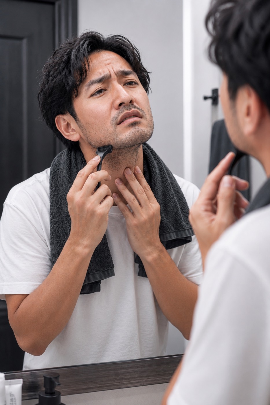 ヒゲ剃りに悩む男性のイメージ