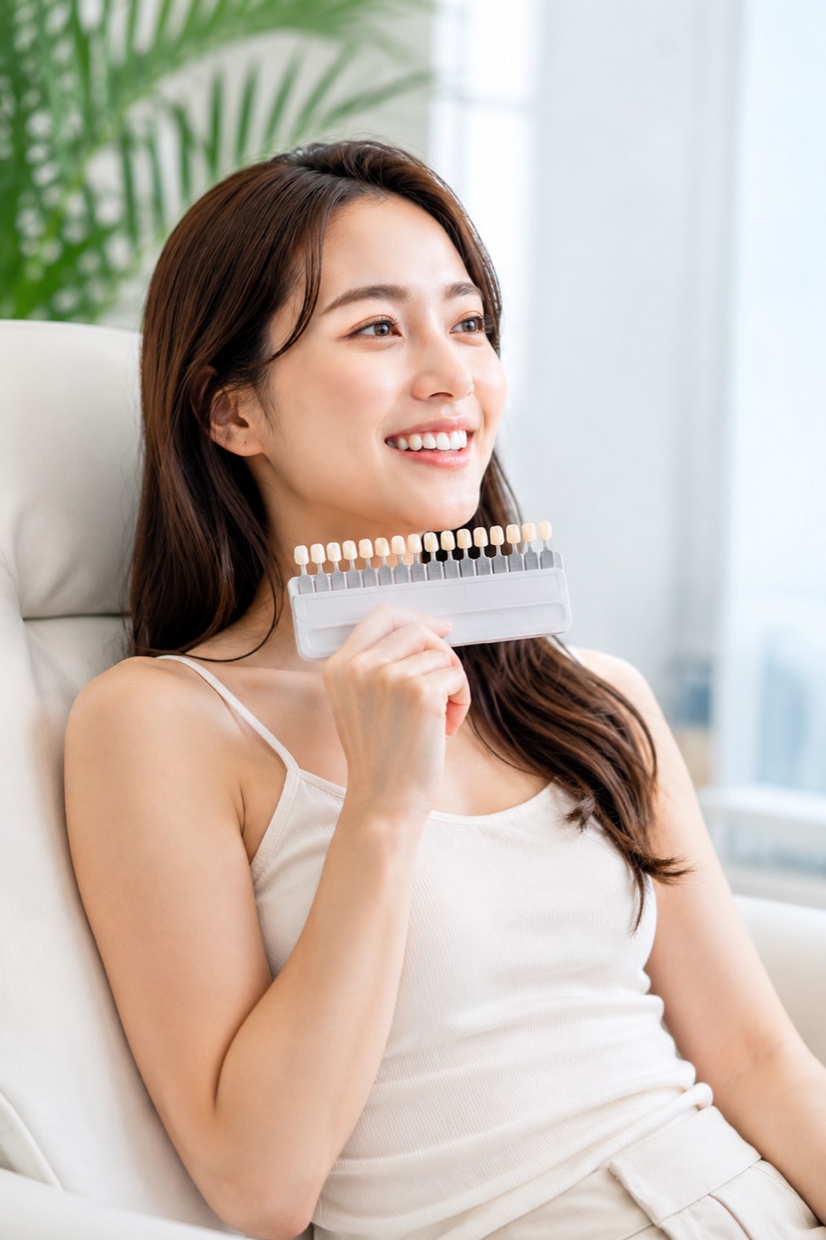 シェードガイドで歯の色を確認する女性のイメージ